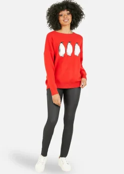 Yumi Red Christmas Festive Penguin Knitted Jumper