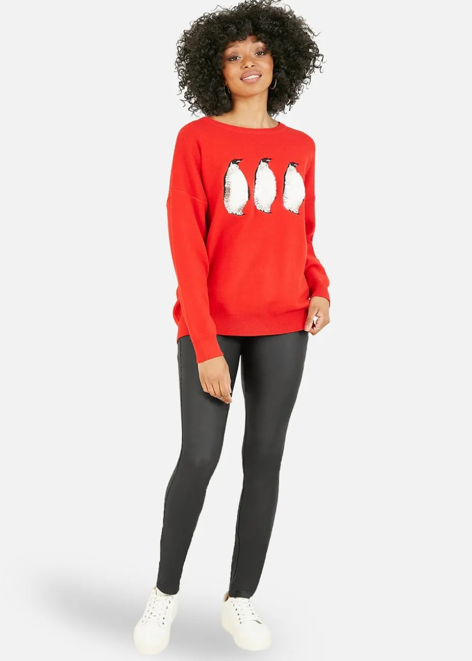 Yumi Red Christmas Festive Penguin Knitted Jumper