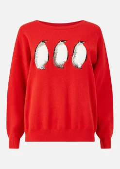 Yumi Red Christmas Festive Penguin Knitted Jumper
