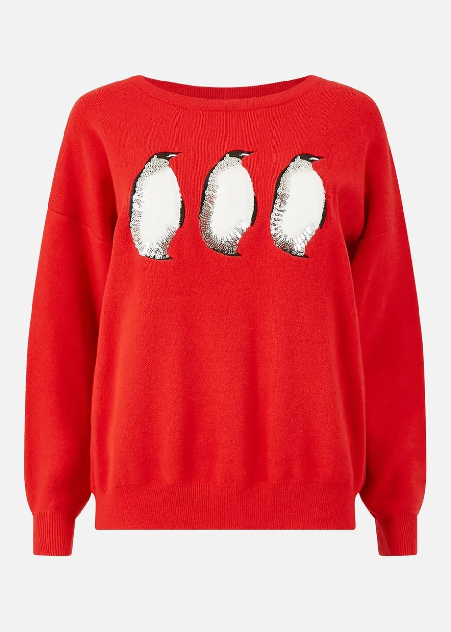 Yumi Red Christmas Festive Penguin Knitted Jumper