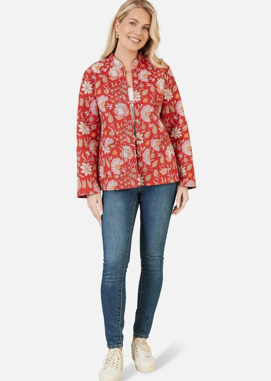 Yumi Red Floral Print Reversible Cotton Quilted Jacket