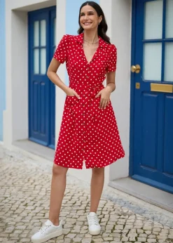 Yumi Red Retro Shirt Polka Dot Dress