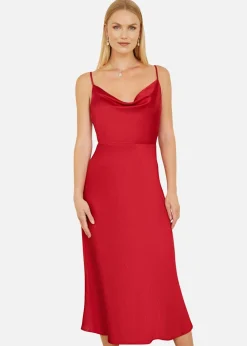 Yumi Red Satin Cowl Neck Midi Dress