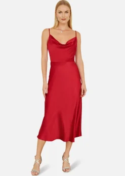 Yumi Red Satin Cowl Neck Midi Dress