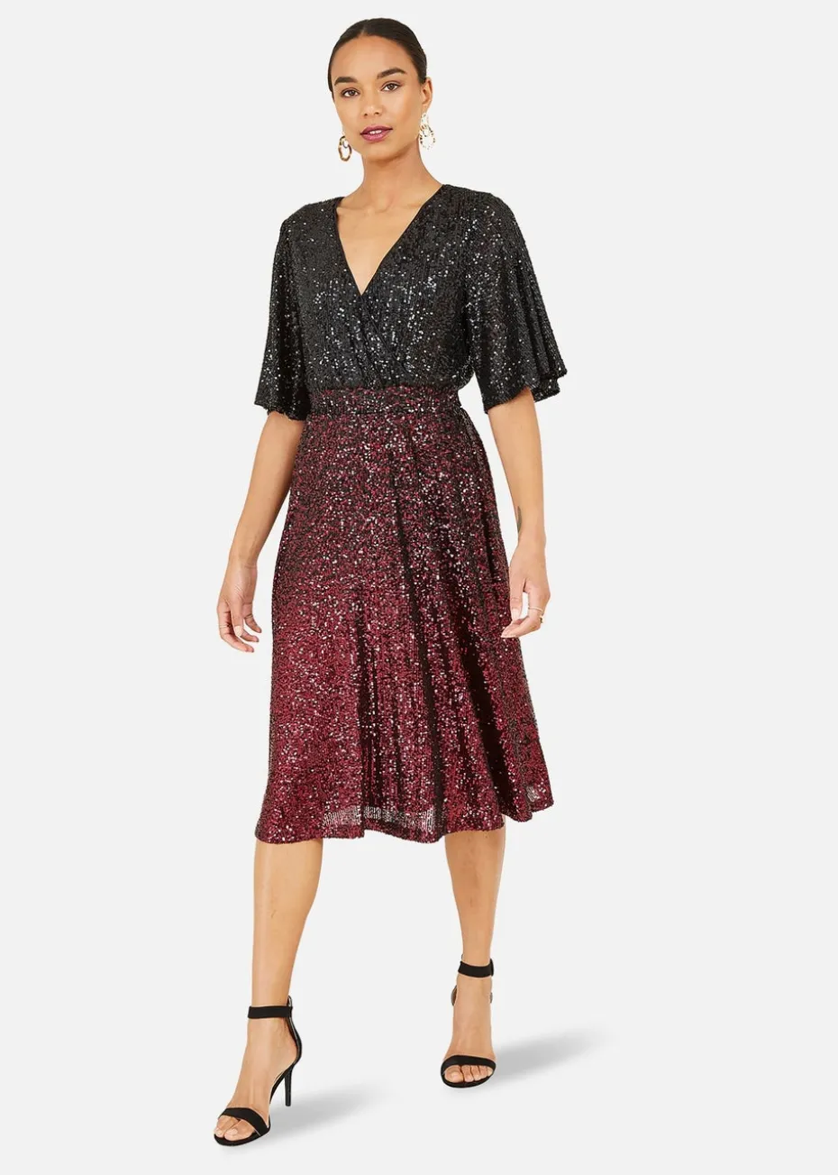 Yumi Red Sequin Ombre Midi Wrap Dress