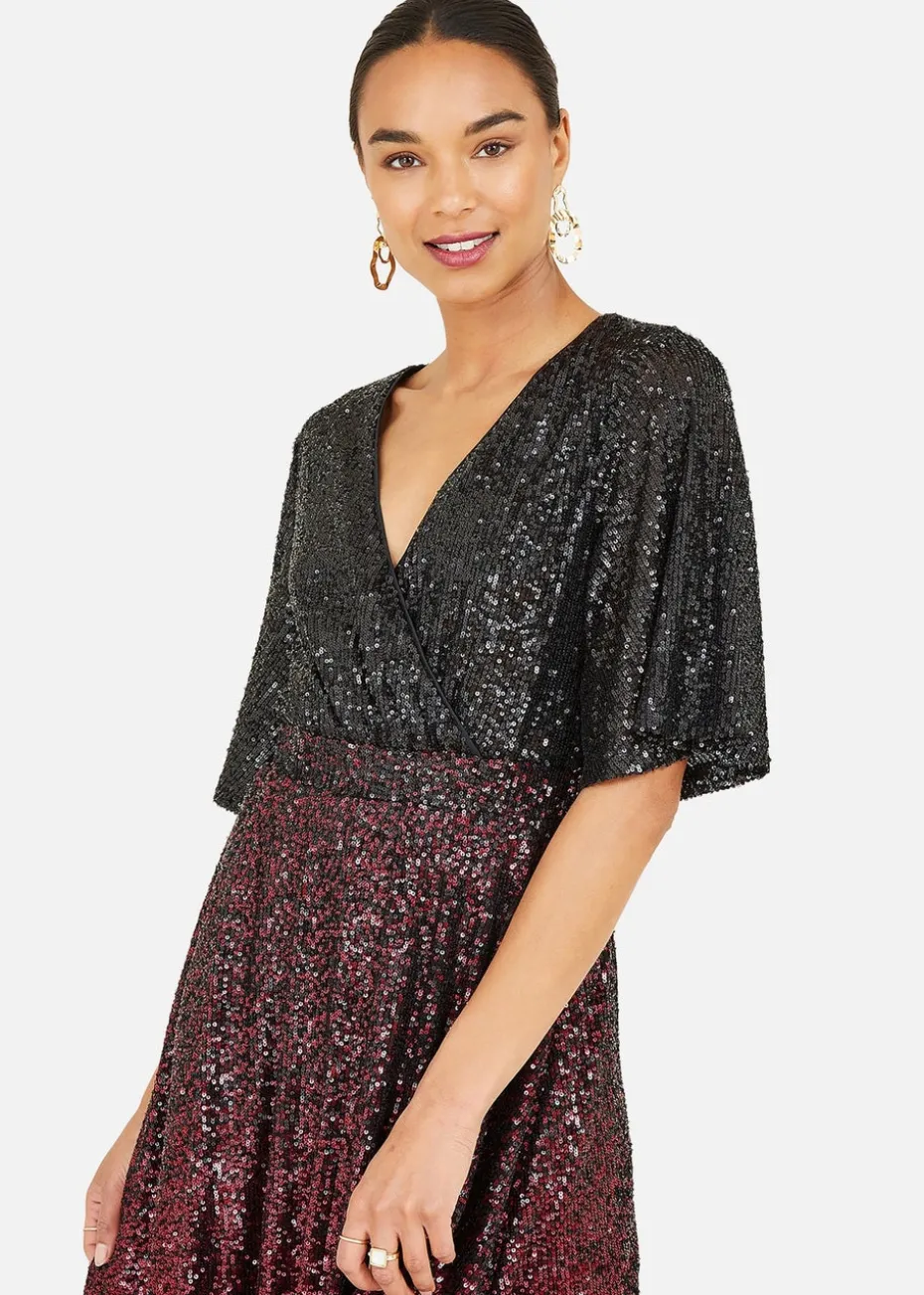 Yumi Red Sequin Ombre Midi Wrap Dress