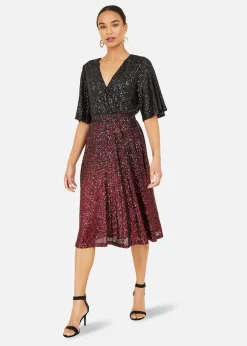 Yumi Red Sequin Ombre Midi Wrap Dress