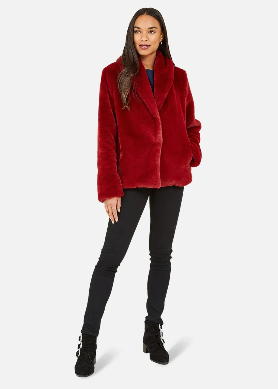 Yumi Red Short Wrap Faux Fur Coat