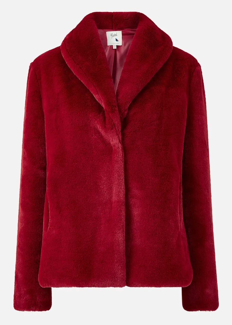 Yumi Red Short Wrap Faux Fur Coat