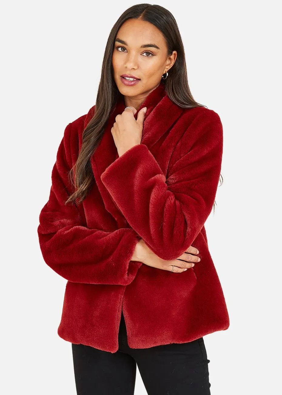 Yumi Red Short Wrap Faux Fur Coat