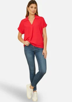 Yumi Red Stretch Relaxed Top With Collar