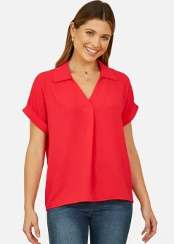 Yumi Red Stretch Relaxed Top With Collar
