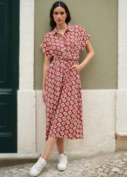 Yumi Red Viscose Midi Shirt Dress With Matching Belt
