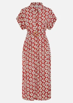 Yumi Red Viscose Midi Shirt Dress With Matching Belt