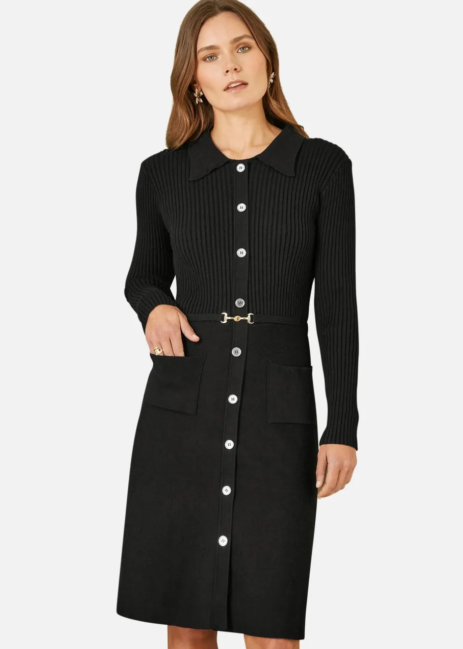 Yumi Rib Knit Midi Shirt Dress With Snaffle Belt