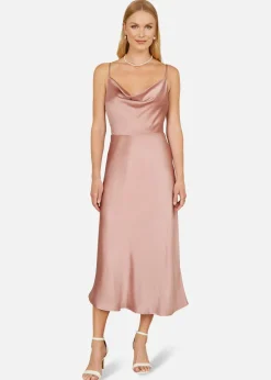 Yumi Rose Pink Satin Cowl Neck Midi Dress