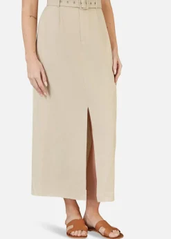 Yumi Stone Cotton Midi Skirt With Belt And Split Hem