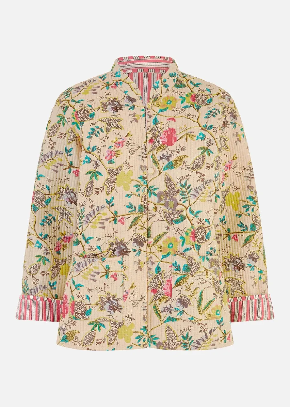Yumi Stone Floral Print Reversible Cotton Quilted Jacket