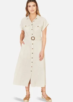 Yumi Stone Viscose Linen Look Midi Shirt Dress With Wooden Belt
