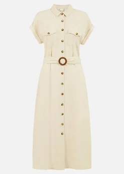 Yumi Stone Viscose Linen Look Midi Shirt Dress With Wooden Belt