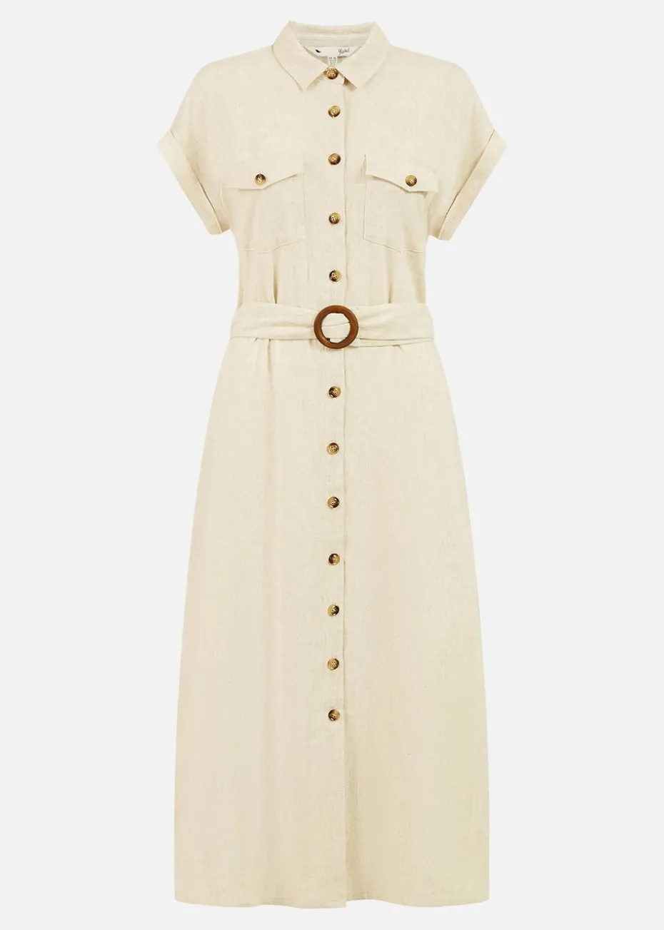 Yumi Stone Viscose Linen Look Midi Shirt Dress With Wooden Belt