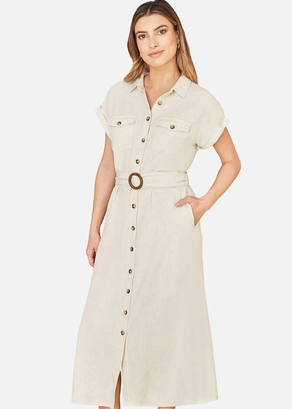 Yumi Stone Viscose Linen Look Midi Shirt Dress With Wooden Belt