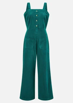 Yumi Teal Cord Stretch Dungaree Style Jumpsuit