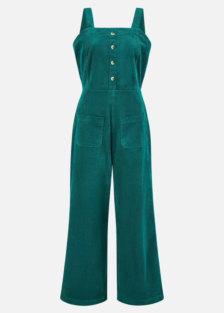 Yumi Teal Cord Stretch Dungaree Style Jumpsuit