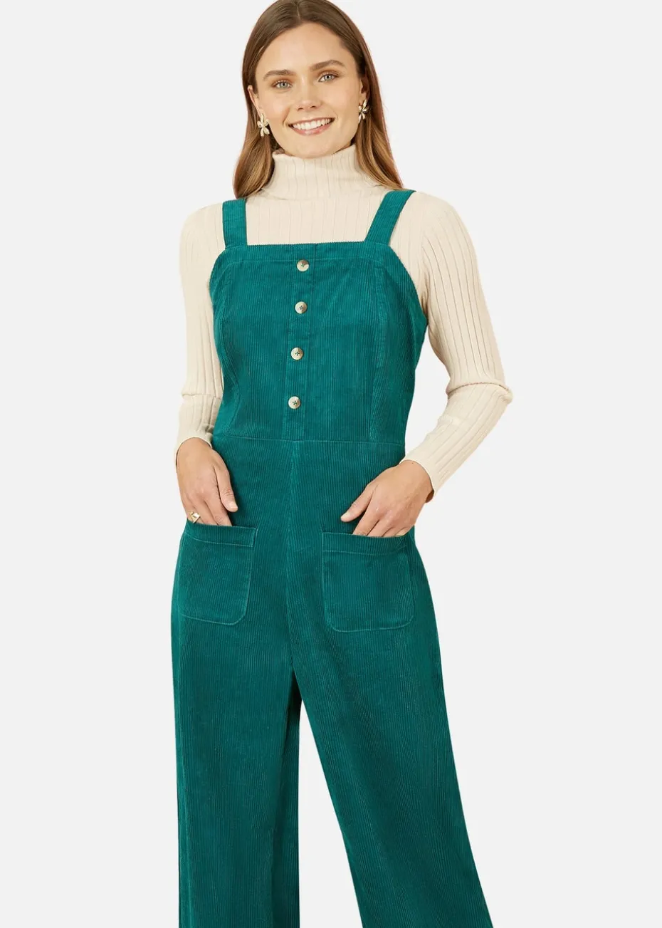 Yumi Teal Cord Stretch Dungaree Style Jumpsuit