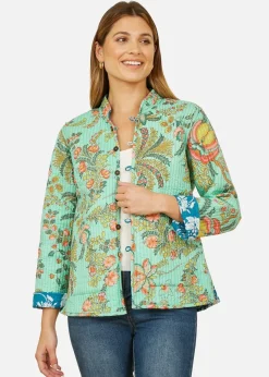 Yumi Teal Floral Reversible Cotton Quilted Jacket