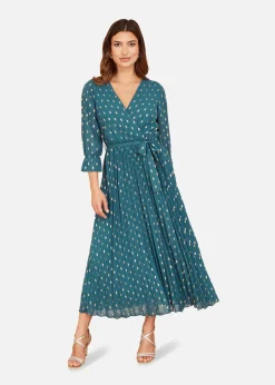 Yumi Teal Foil Printed Pleated Wrap Midi Dress