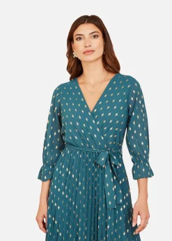 Yumi Teal Foil Printed Pleated Wrap Midi Dress