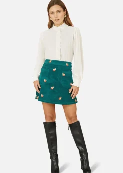 Yumi Teal Fox Embroidered Cord Mini Skirt