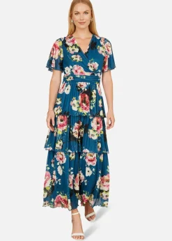 Yumi Teal Green Floral Mesh Tiered Maxi Dress