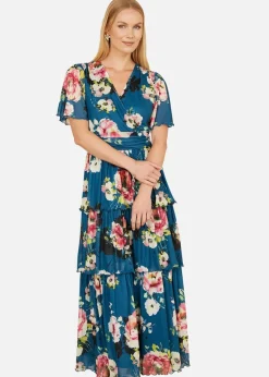 Yumi Teal Green Floral Mesh Tiered Maxi Dress
