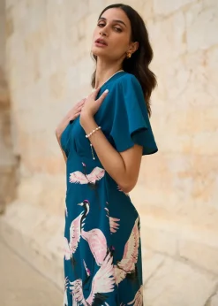 Yumi Teal Recycled Fabric Crane Print Kimono Midi Dress