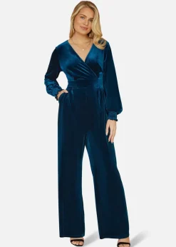 Yumi Teal Velvet Long sleeve Jumpsuit