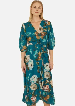 Yumi Teal Watercolour Dip Hem Midi Wrap Dress
