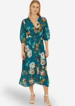 Yumi Teal Watercolour Dip Hem Midi Wrap Dress