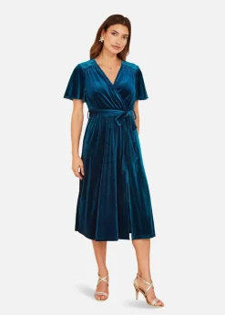 Yumi Teal Wrap Over Midi Dress With Angel Sleeves & Split Hem
