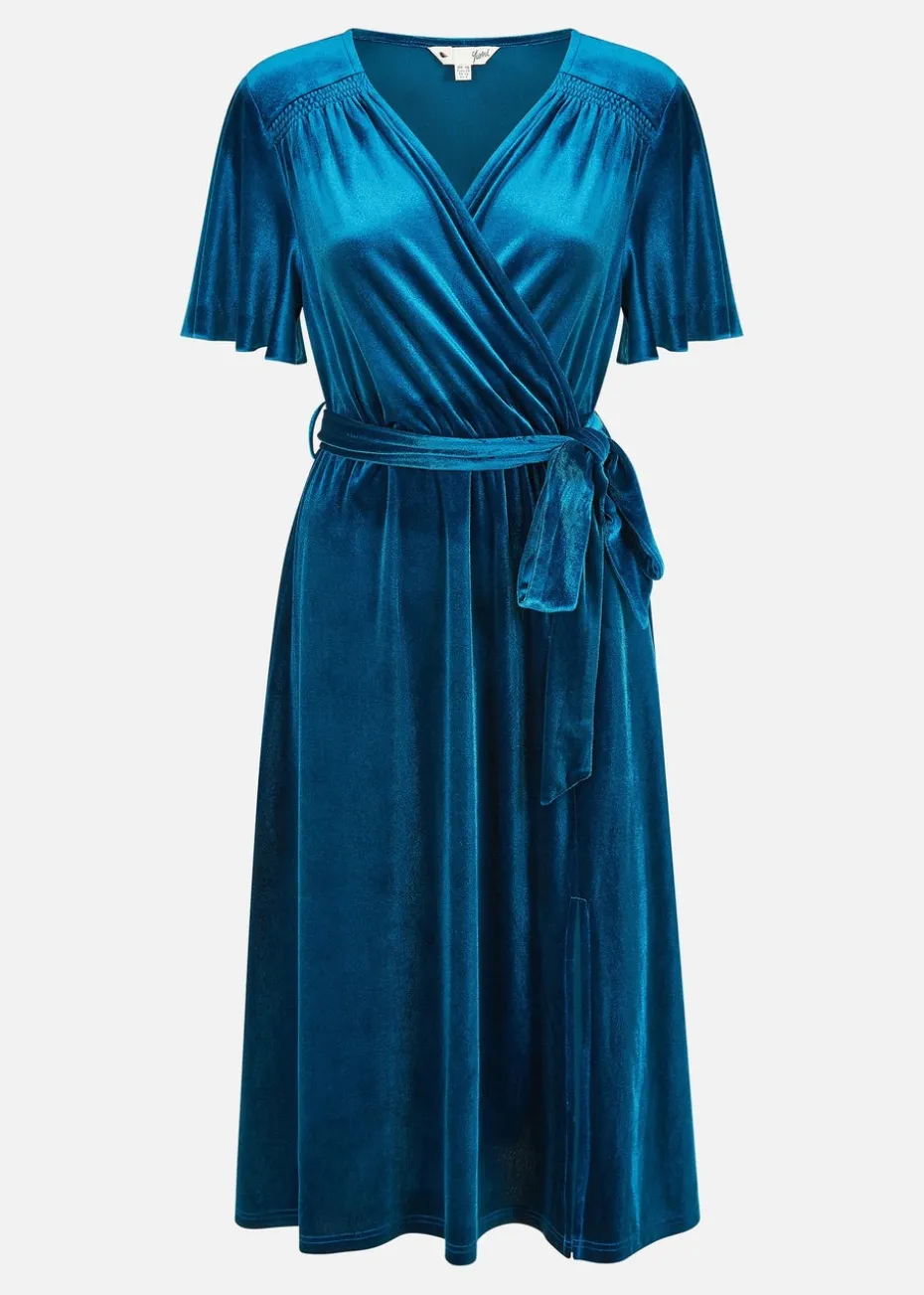 Yumi Teal Wrap Over Midi Dress With Angel Sleeves & Split Hem