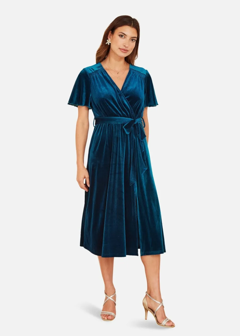 Yumi Teal Wrap Over Midi Dress With Angel Sleeves & Split Hem