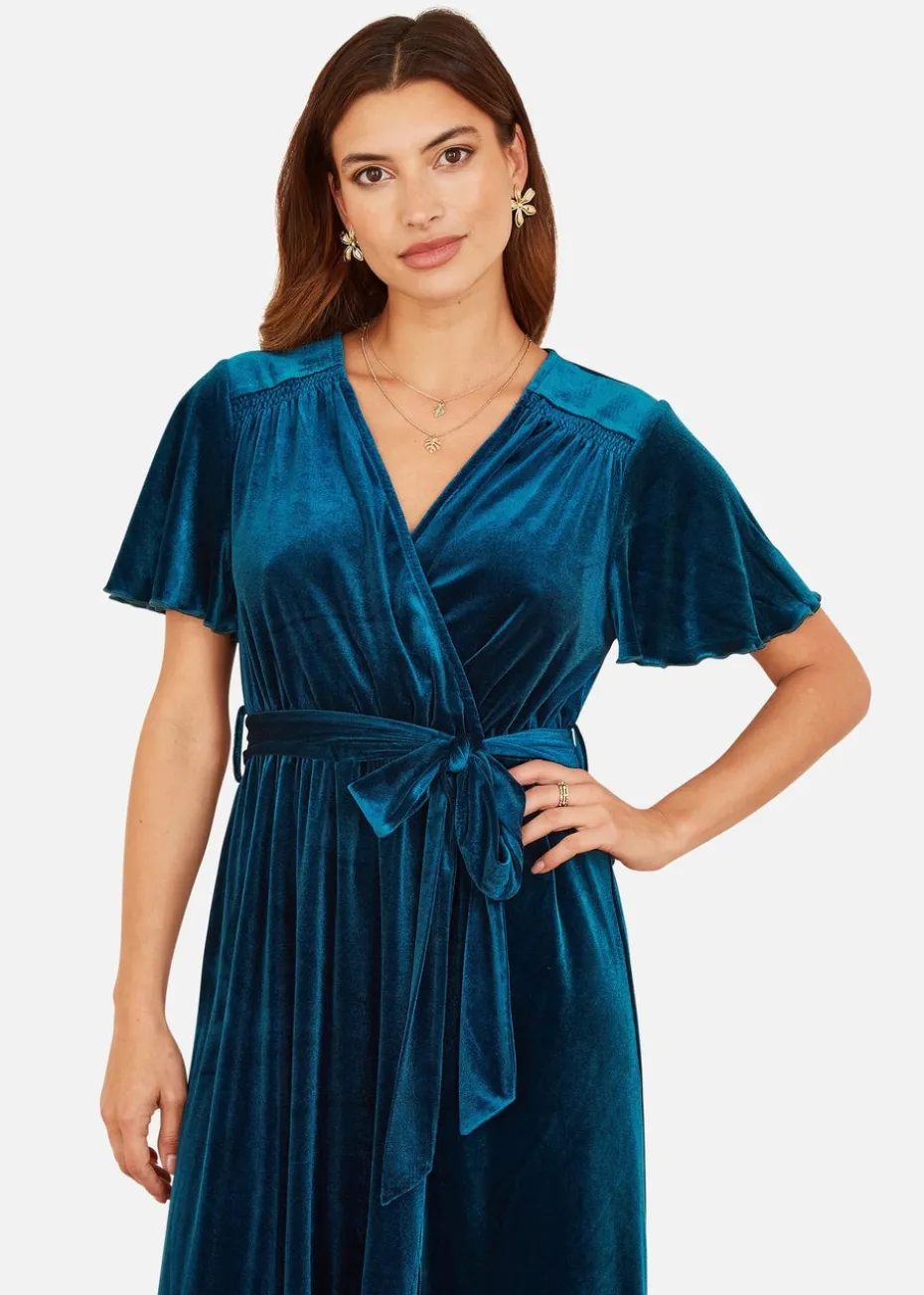 Yumi Teal Wrap Over Midi Dress With Angel Sleeves & Split Hem