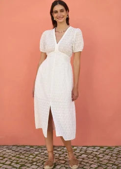 Yumi White Broderie Anglaise Midi Dress With Split Hemline