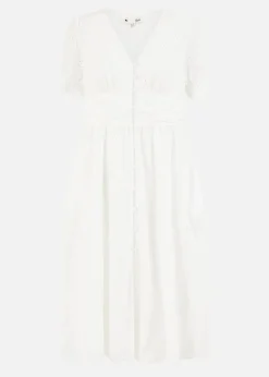 Yumi White Cotton Broderie Anglaise Midi Button Up Dress