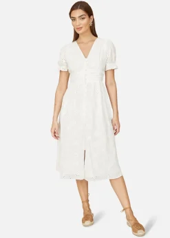 Yumi White Cotton Broderie Anglaise Midi Button Up Dress