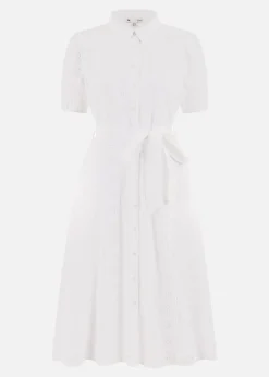 Yumi White Cotton Broderie Anglaise Midi Shirt Dress