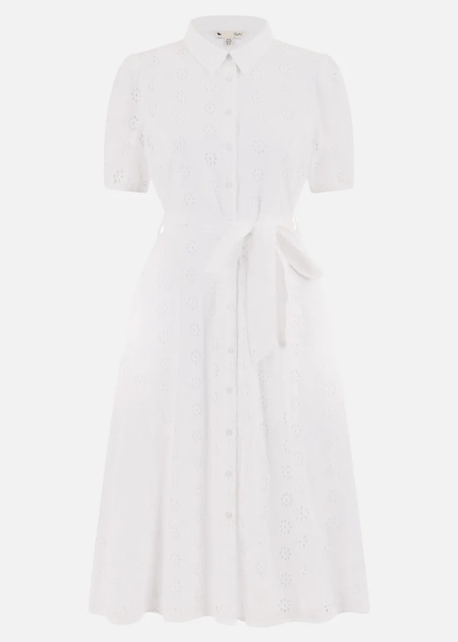 Yumi White Cotton Broderie Anglaise Midi Shirt Dress