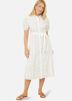 Yumi White Cotton Broderie Anglaise Midi Shirt Dress