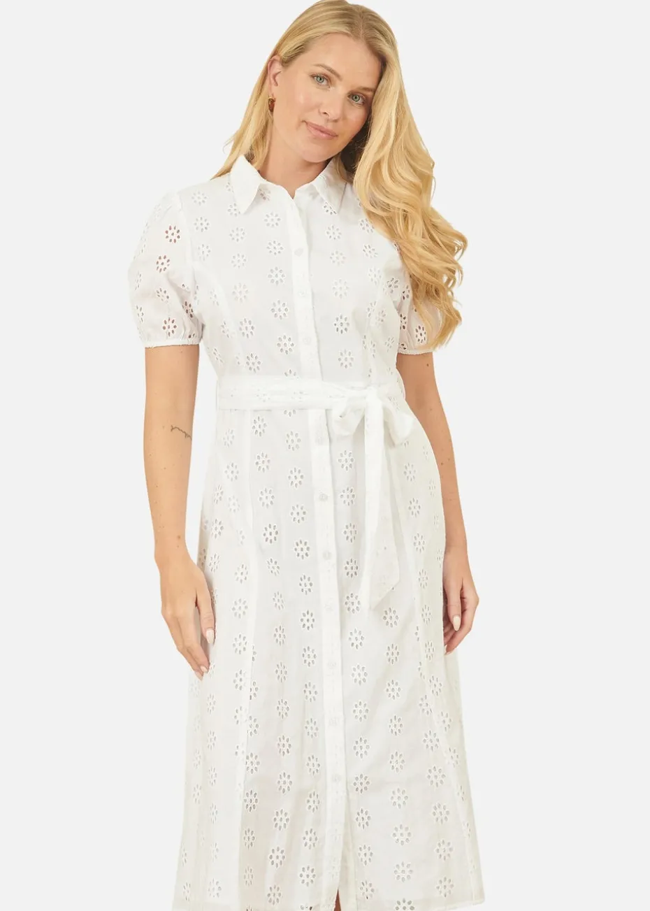 Yumi White Cotton Broderie Anglaise Midi Shirt Dress